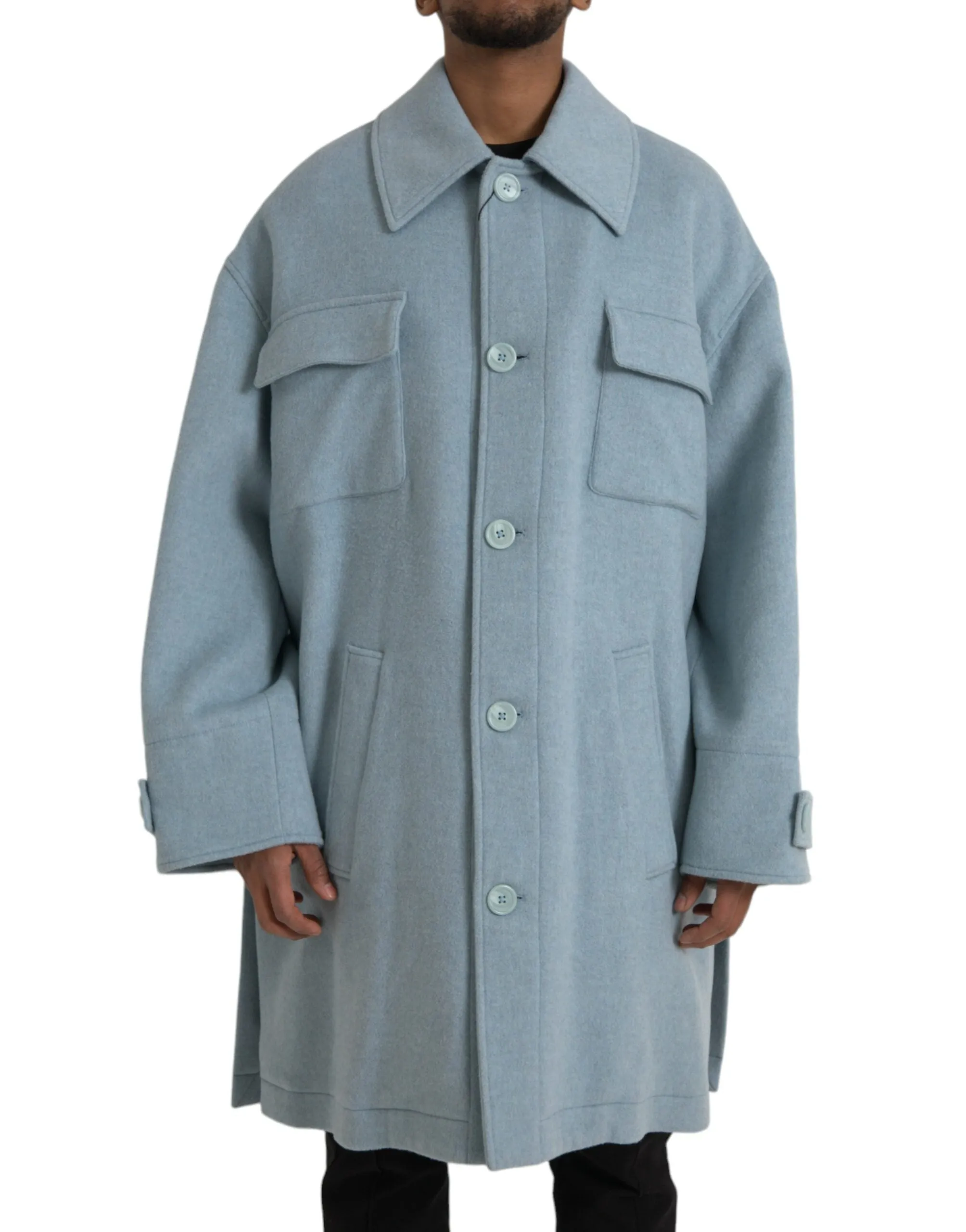 Light Blue Wool Button Trench Coat Jacket sold by Louxly