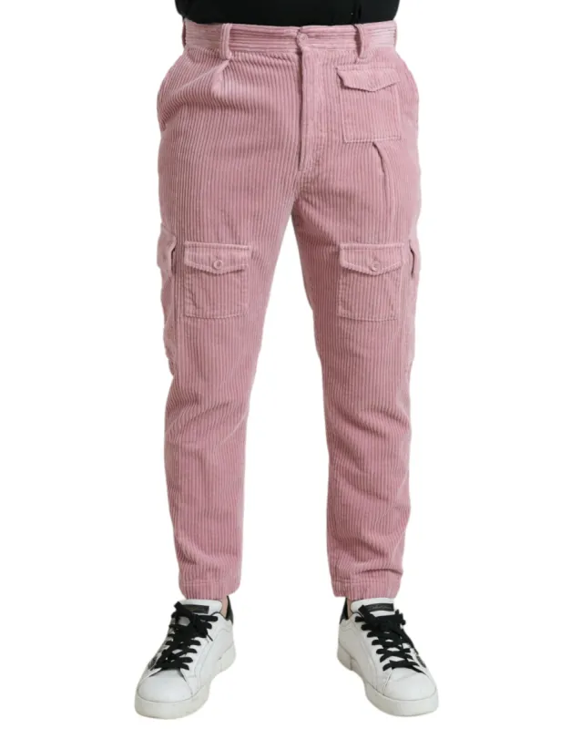 Pink Corduroy Cotton Stretch Skinny Cargo Jeans made by Louxly