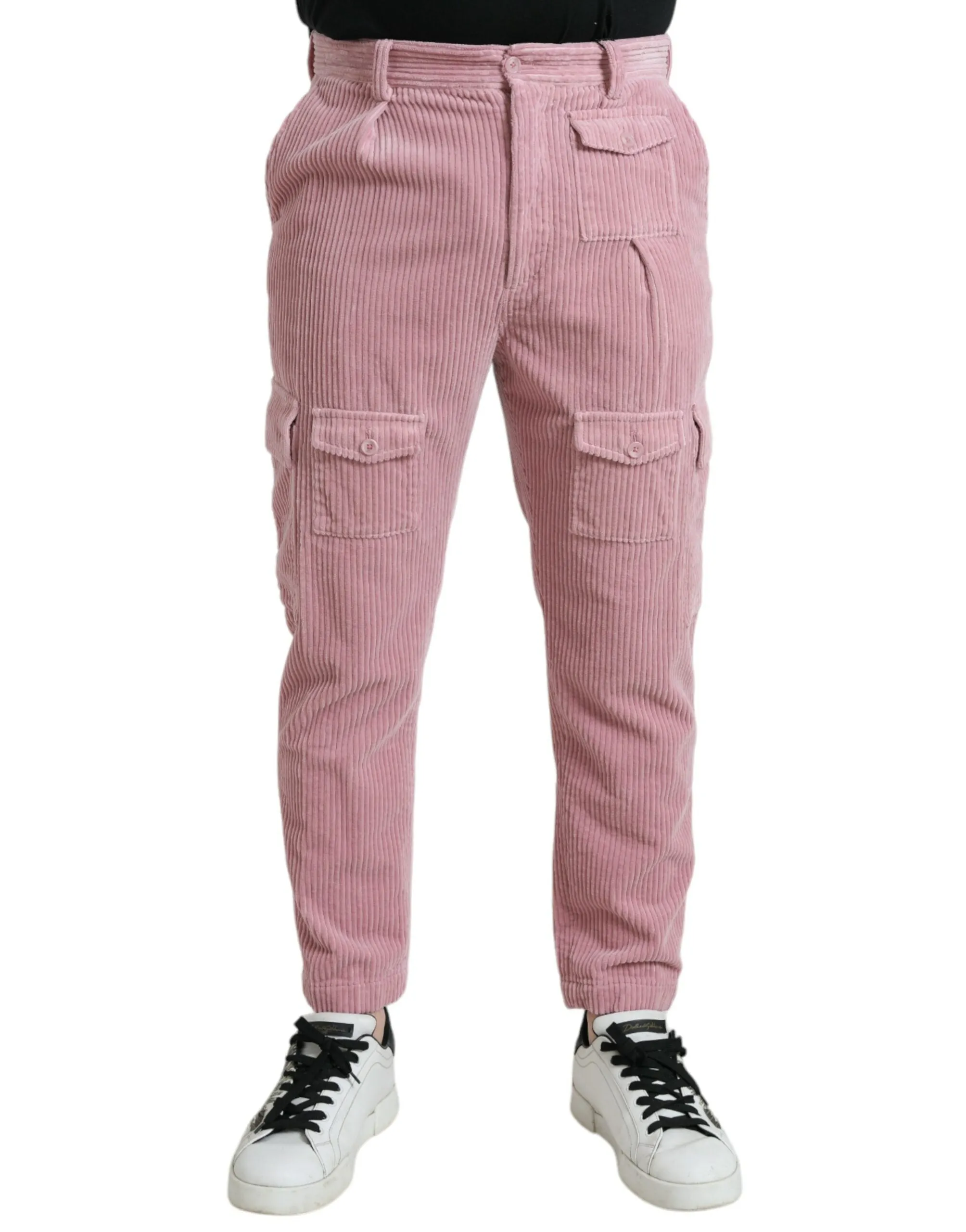 Pink Corduroy Cotton Stretch Skinny Cargo Jeans sold by Louxly