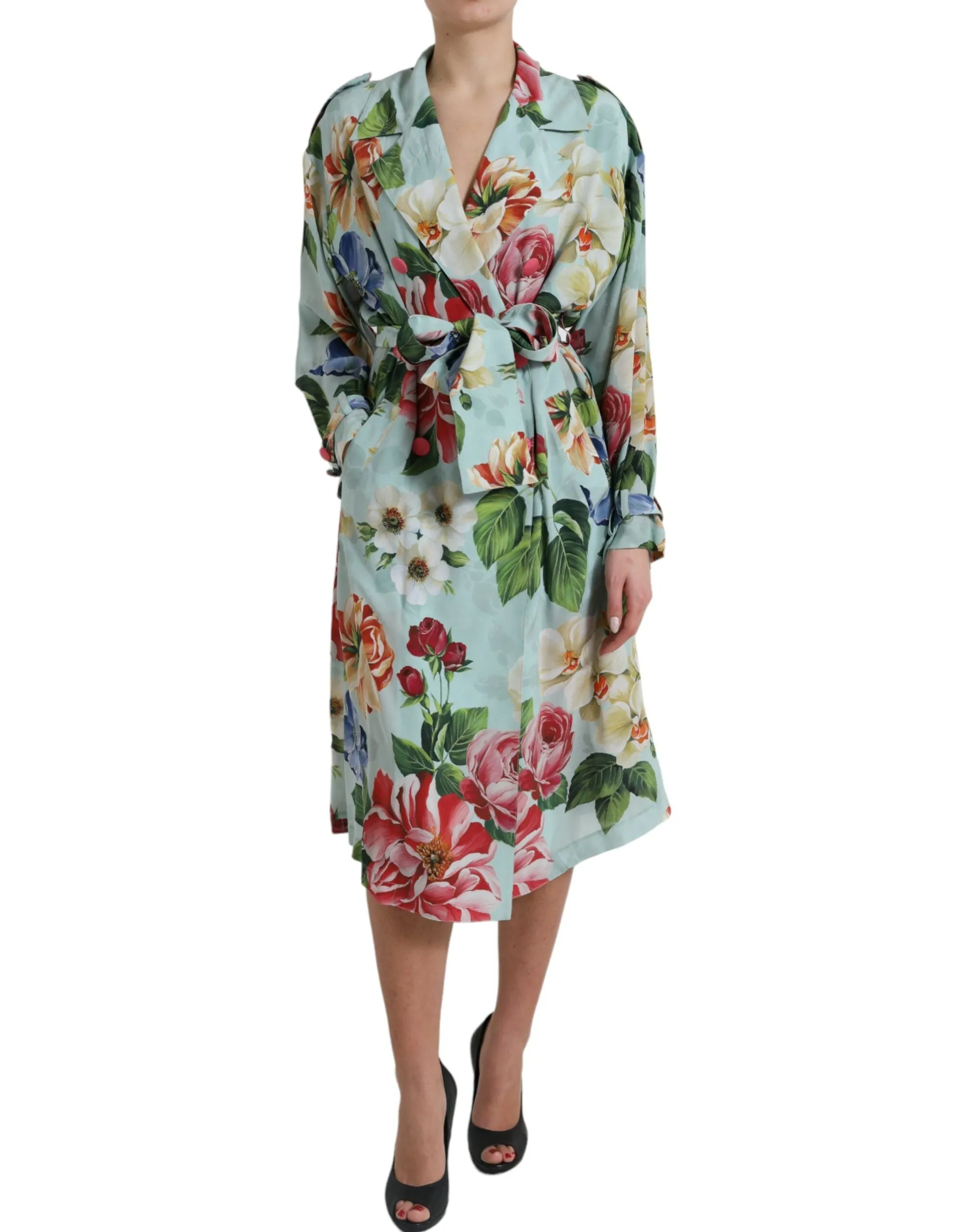 Elegant Floral Silk Trench Jacket sold by Louxly