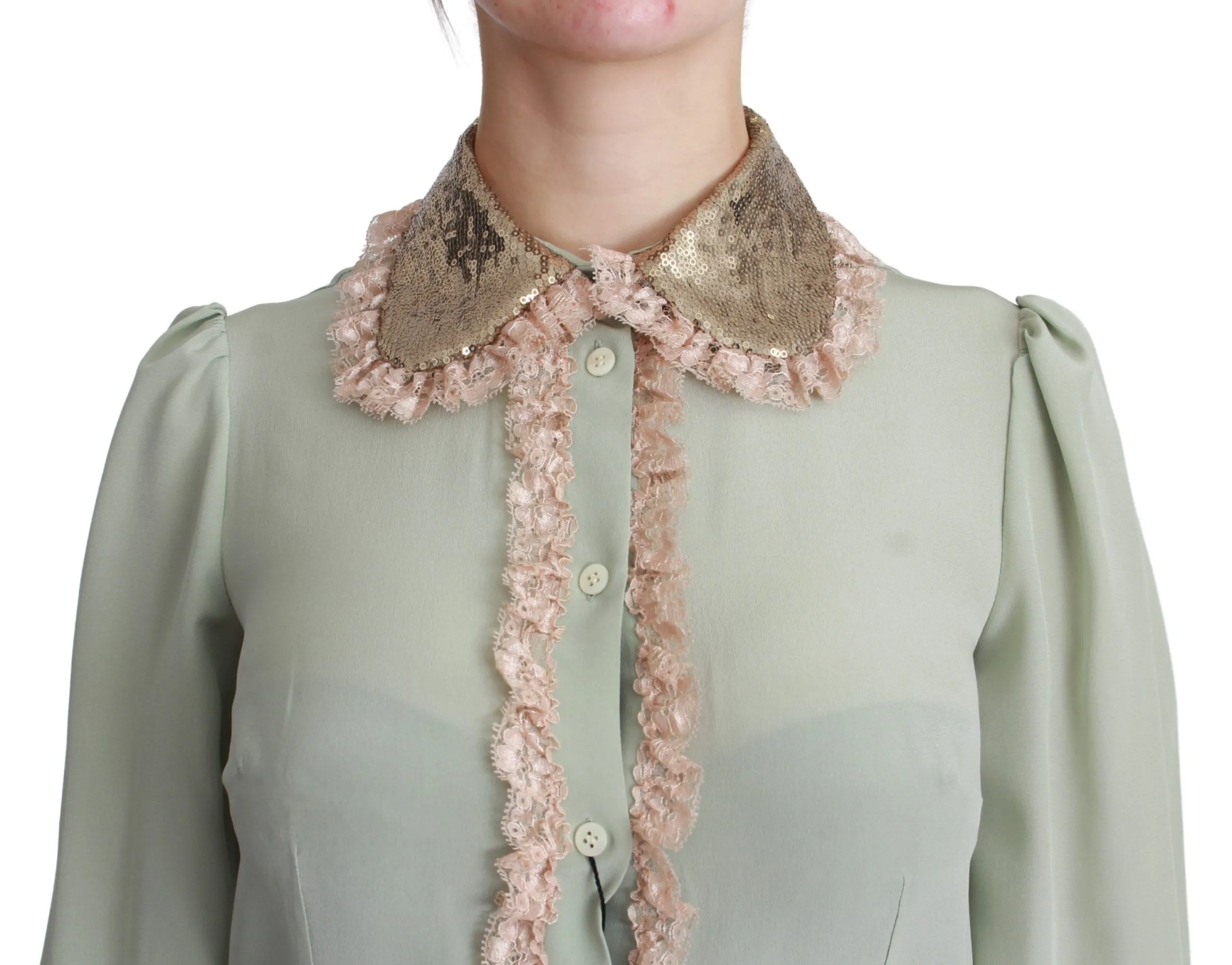 Elegant Mint Green Silk Blend Sequin Collar Top sold by Louxly product image thumbnail 5