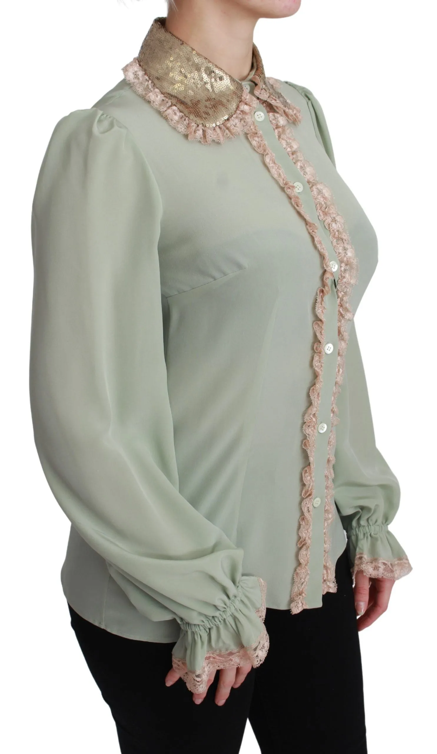 Elegant Mint Green Silk Blend Sequin Collar Top sold by Louxly product image thumbnail 2