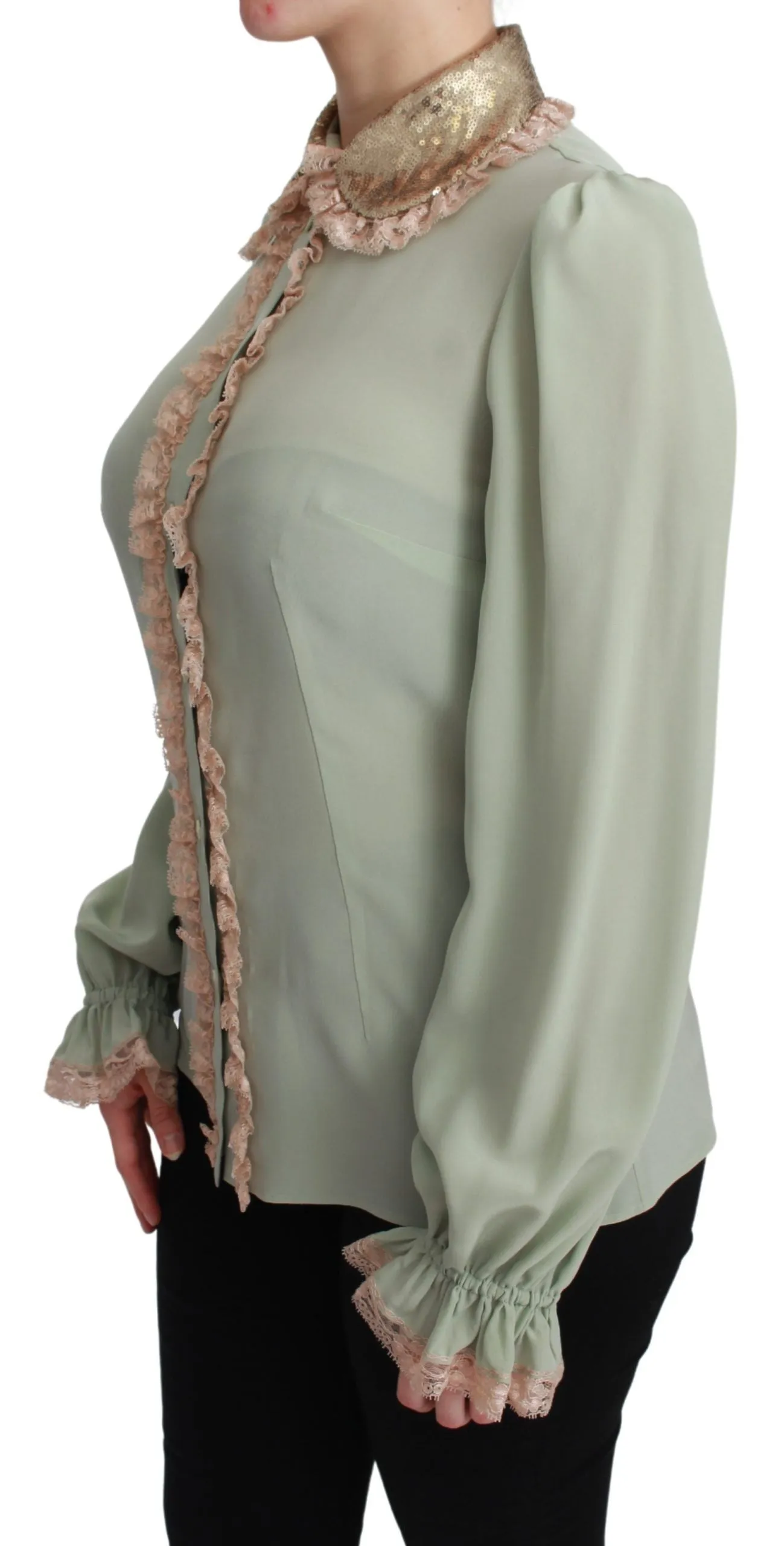 Elegant Mint Green Silk Blend Sequin Collar Top sold by Louxly product image thumbnail 3