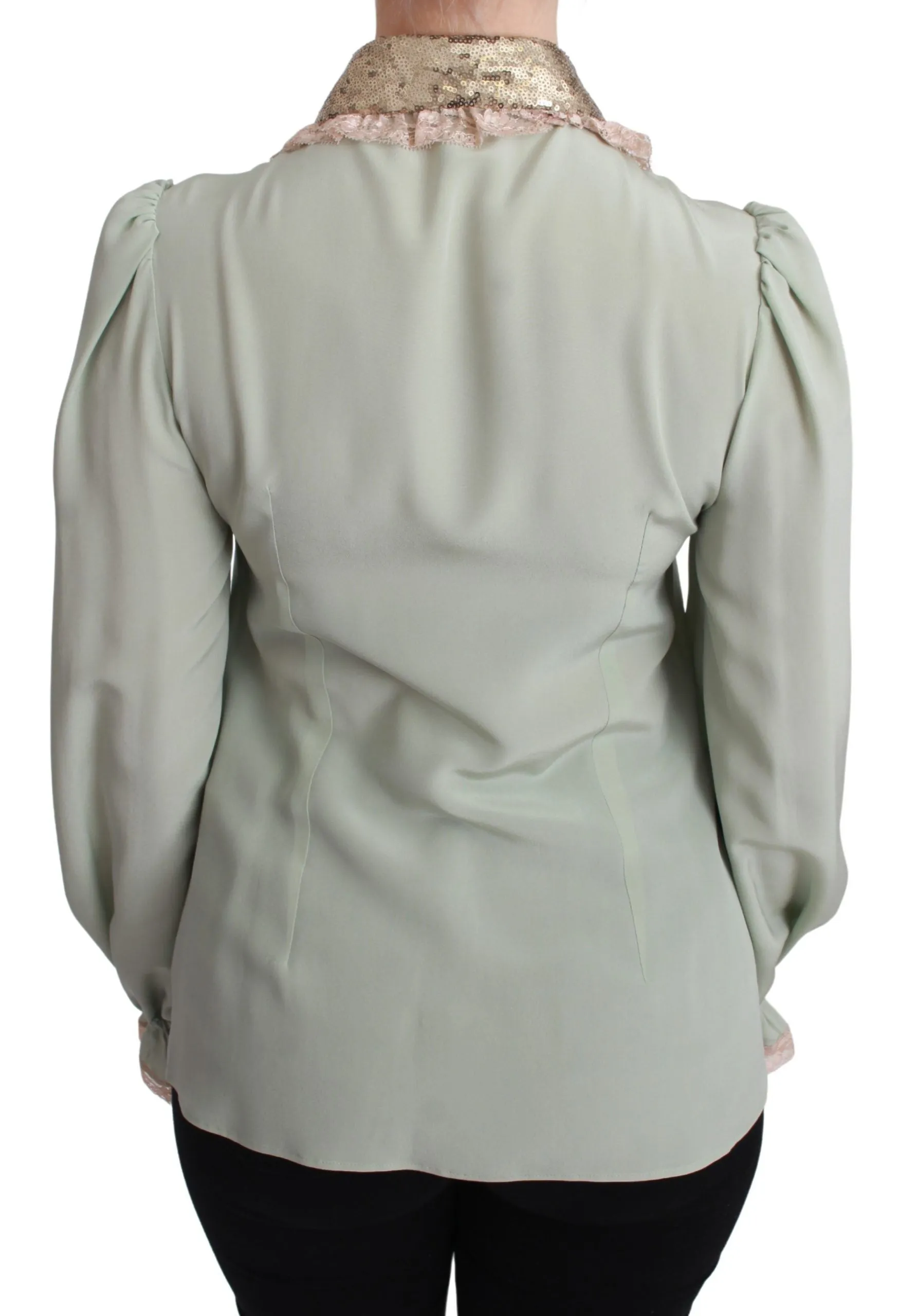 Elegant Mint Green Silk Blend Sequin Collar Top sold by Louxly product image thumbnail 4