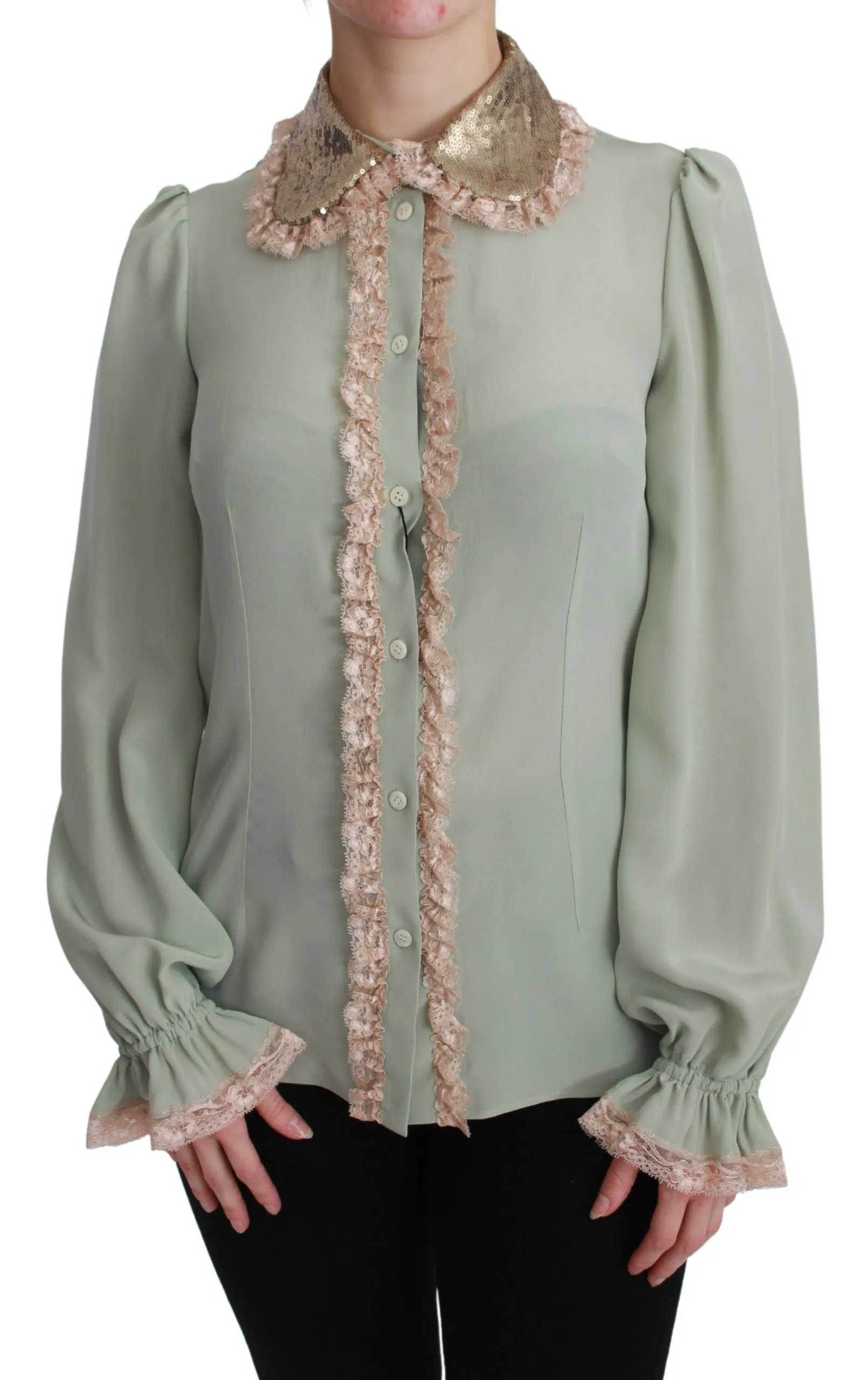 Elegant Mint Green Silk Blend Sequin Collar Top sold by Louxly