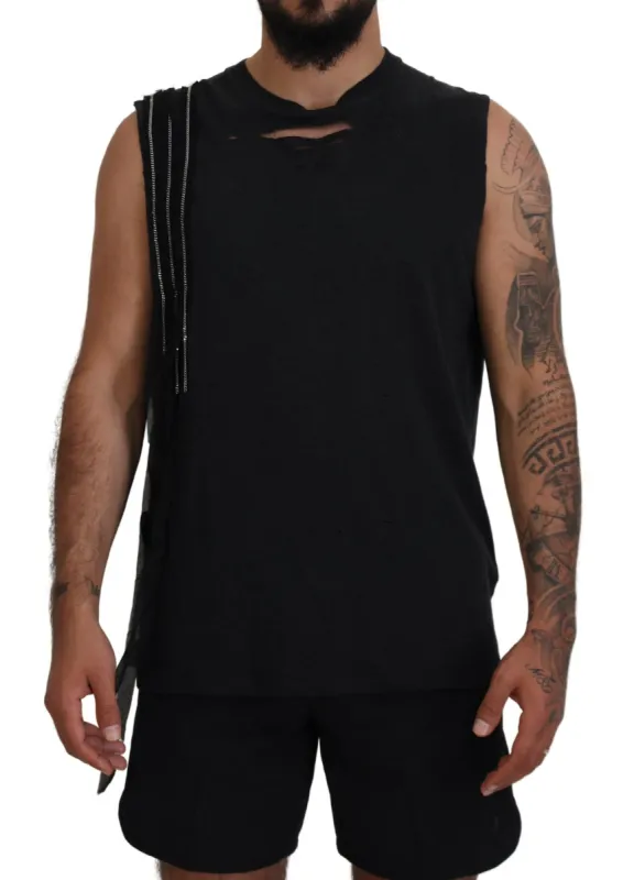 Black Chain Embellished Sleeveless Men Tank T-shirt sold by Louxly