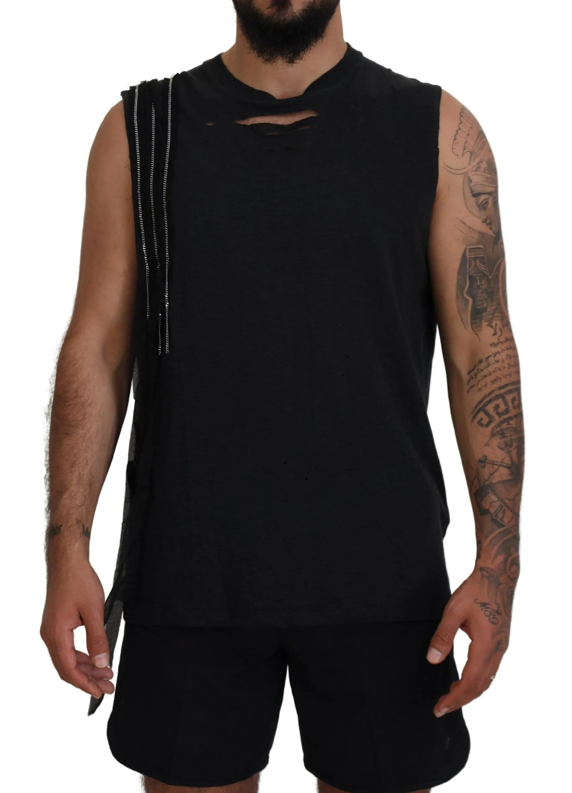Black Chain Embellished Sleeveless Men Tank T-shirt sold by Louxly