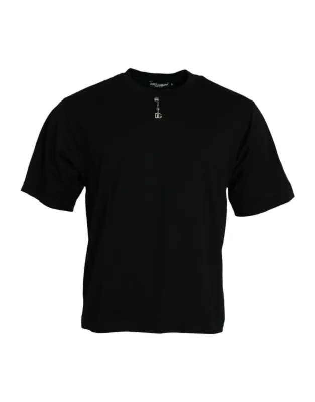 Black Embellished Cotton Crew Neck T-shirt sold by Louxly