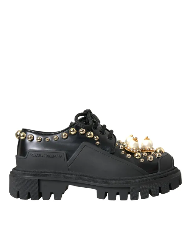 Black Leather Trekking Derby Embellished Shoes sold by Louxly