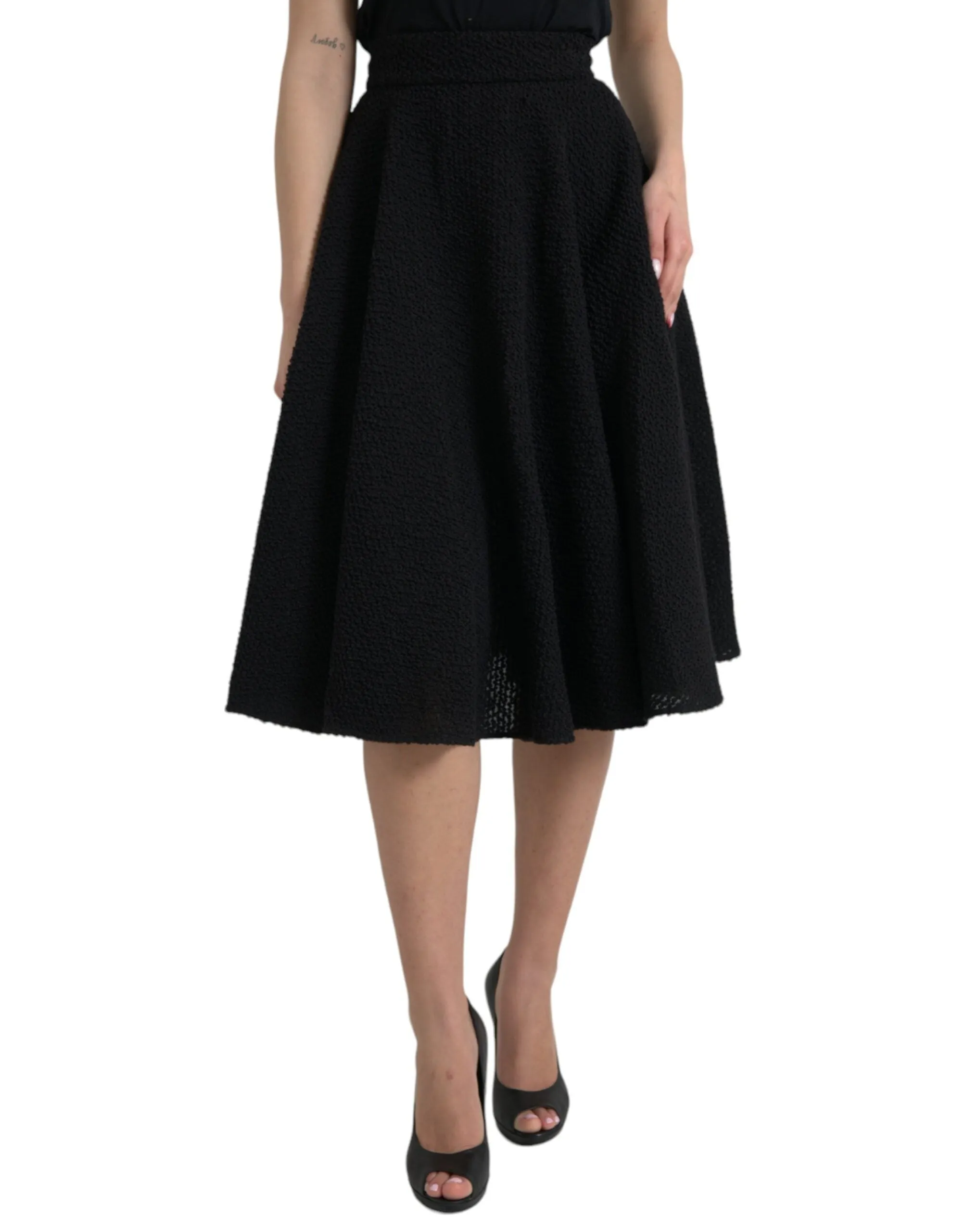 Black High Waist A-line Knee Length Skirt sold by Louxly