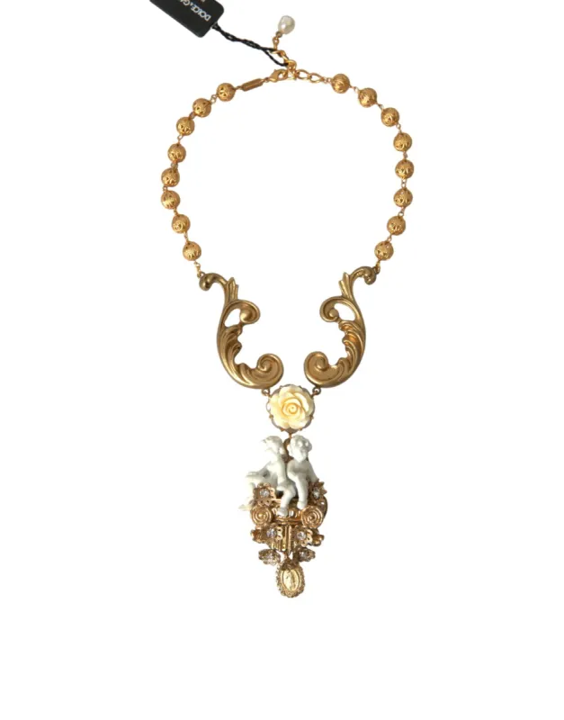 Gold Brass Angel Floral Beaded Embellished Necklace sold by Louxly