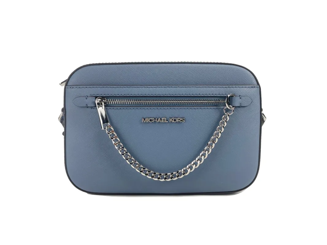Jet Set East West Large Denim Leather Zip Chain Crossbody Bag sold by Louxly