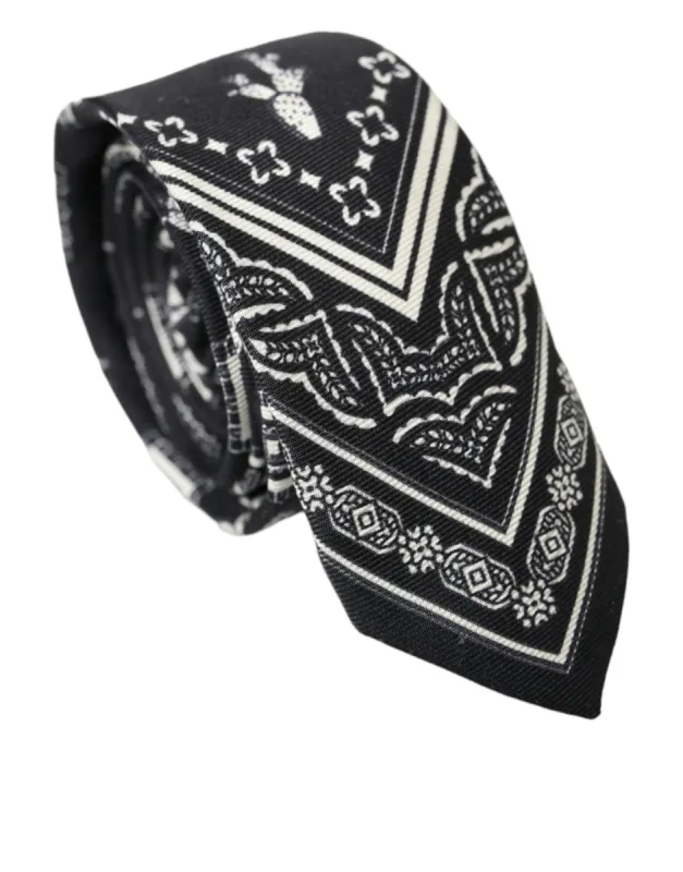 Black White Patterned 100% Silk Adjustable Tie made by Louxly