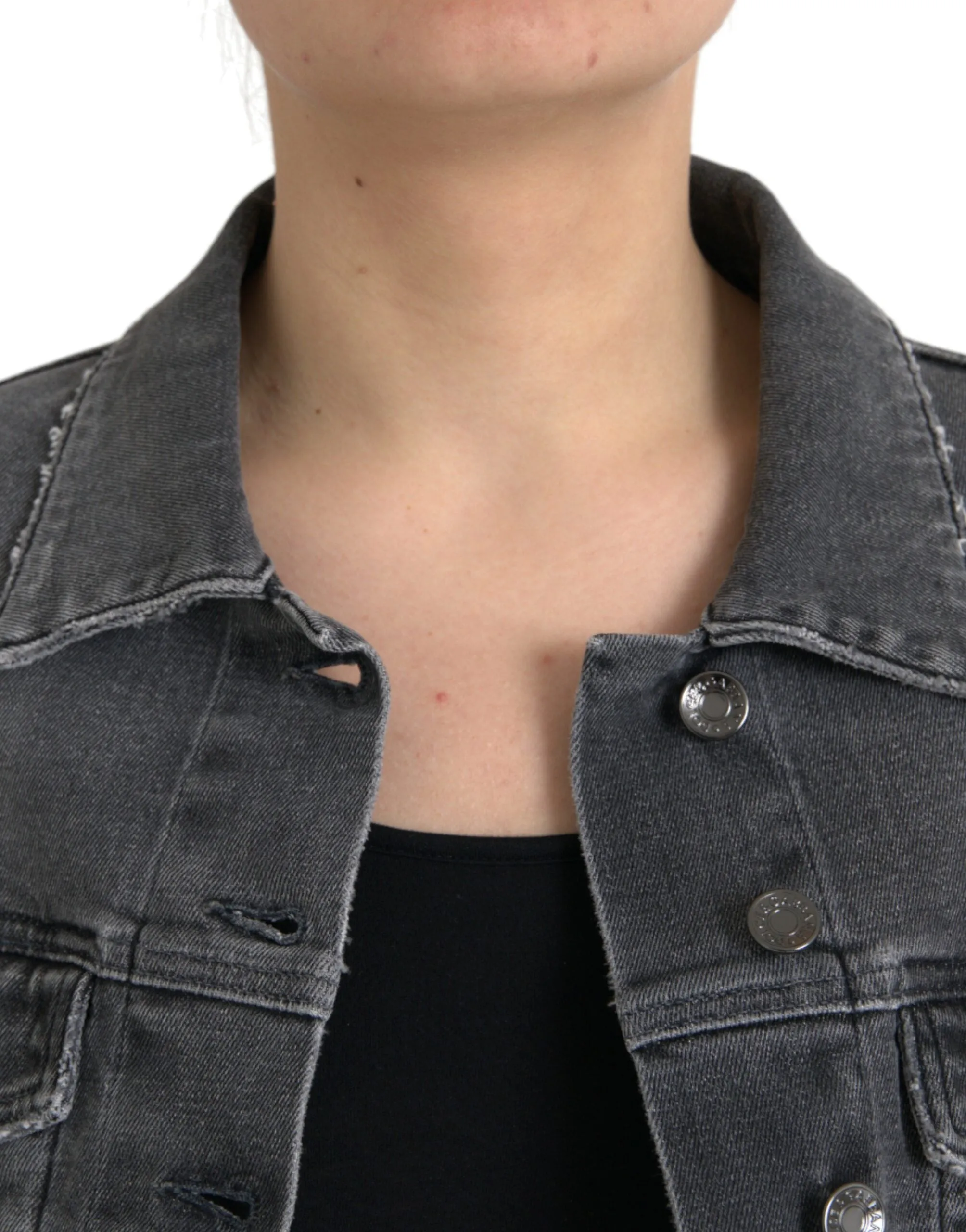 Dark Gray Cotton Stretch Cropped Denim Jacket sold by Louxly product image thumbnail 5