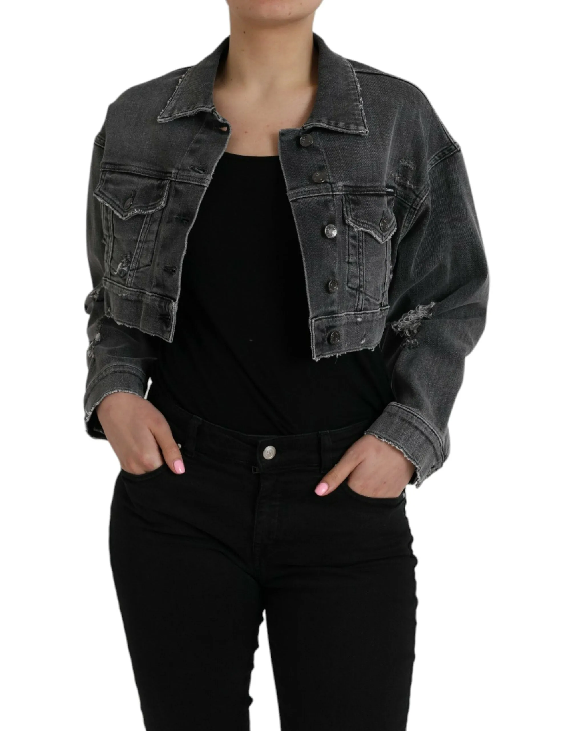 Dark Gray Cotton Stretch Cropped Denim Jacket sold by Louxly product image thumbnail 2