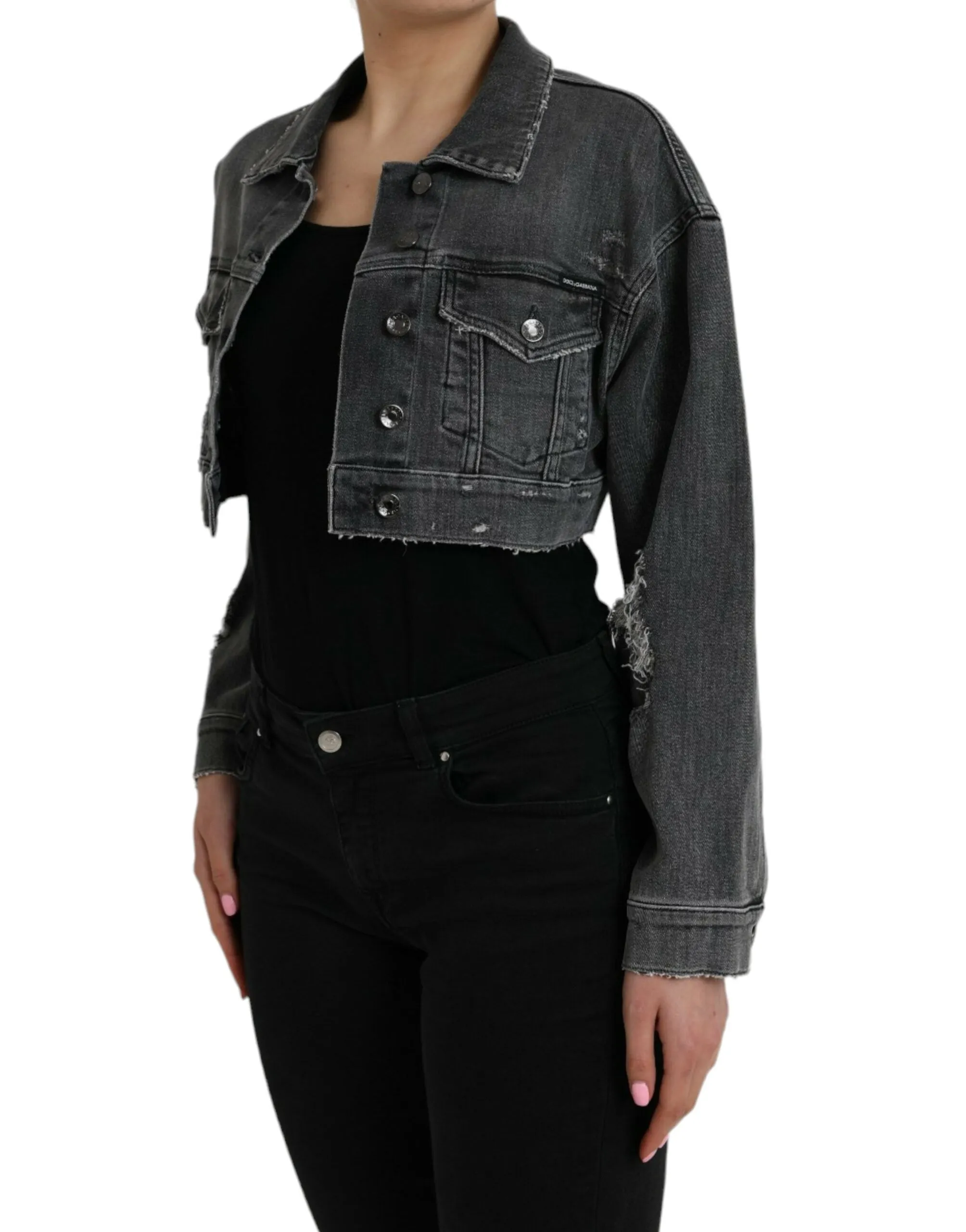 Dark Gray Cotton Stretch Cropped Denim Jacket sold by Louxly product image thumbnail 3