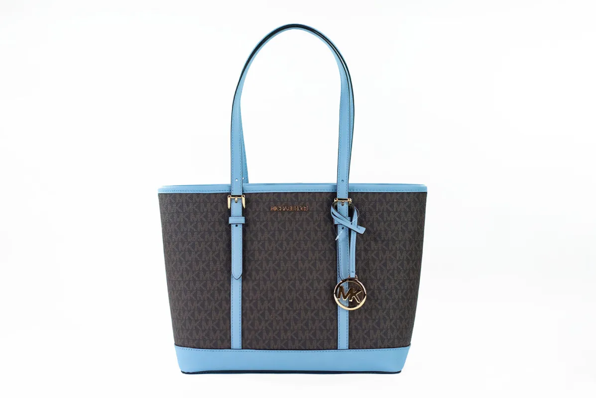 Jet Set Travel Small Pale Blue Brown PVC Shoulder Tote Bag Purse sold by Louxly