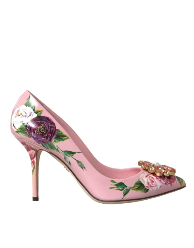 Pink Floral Leather Crystal Heels Pumps Shoes sold by Louxly