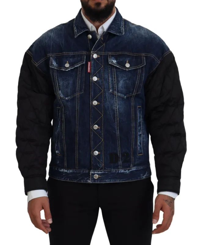 Blue Denim Black Sleeves Men Jacket Cotton Bomber sold by Louxly