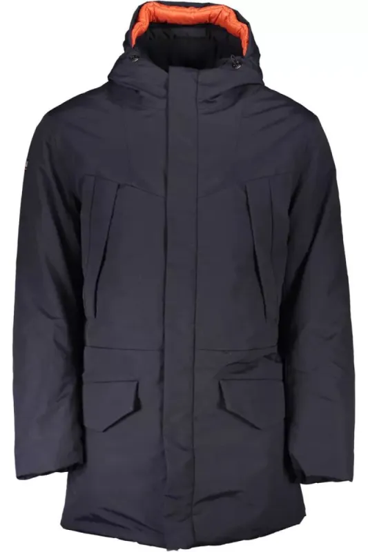 Sleek Blue Hooded Jacket with Stylized Applications sold by Louxly
