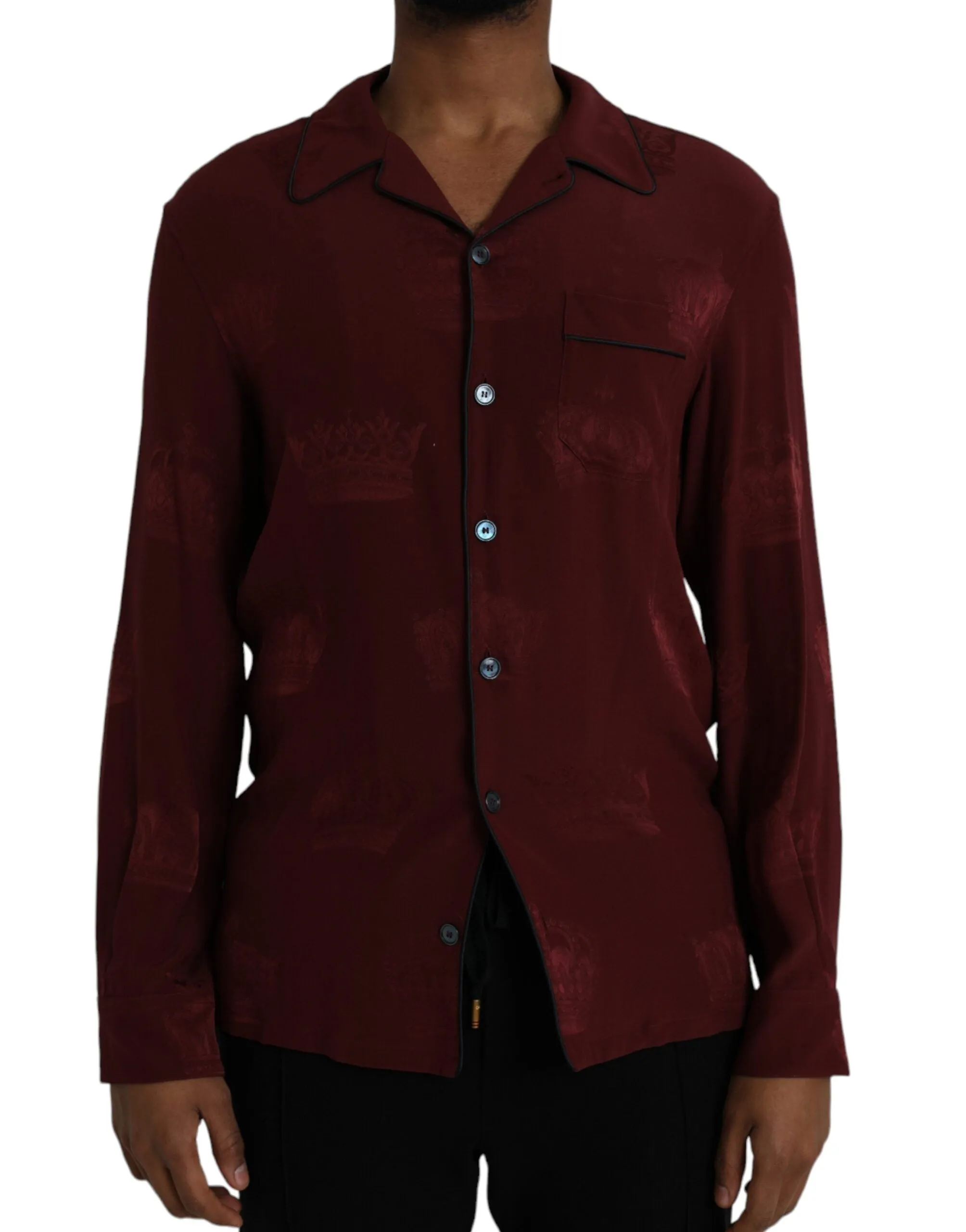 Maroon Crown Jacquard Silk Long Sleeve Shirt sold by Louxly