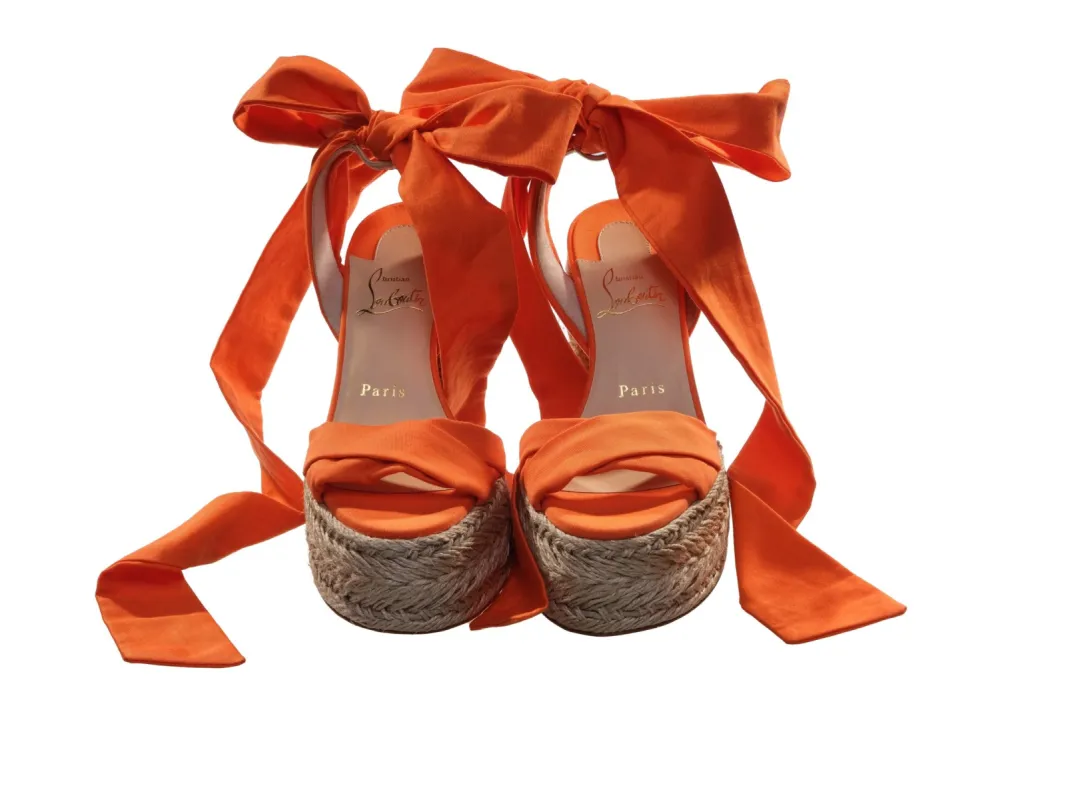Mariza du Desert Orange and Natural Ankle Wrap Around High Heel Wedges made by Christian Louboutin