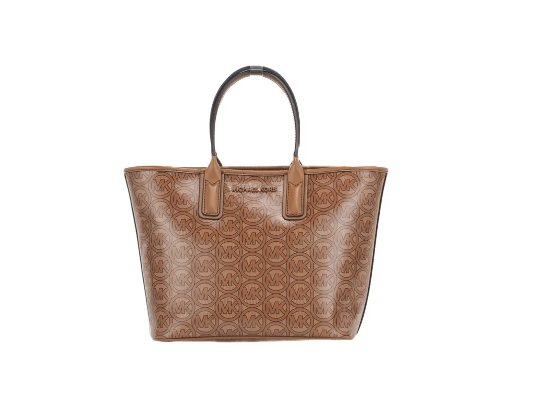 Jodie Small Jacquard Logo Recycled Polyester Tote Handbag Luggage Brown made by Michael Kors