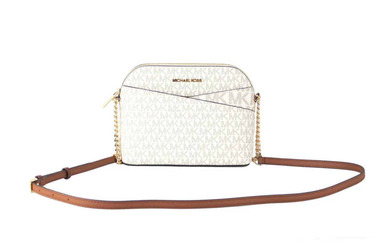 Jet Set Travel Medium Leather X Cross Dome Crossbody Handbag (Vanilla Signature/Gold) sold by Louxly