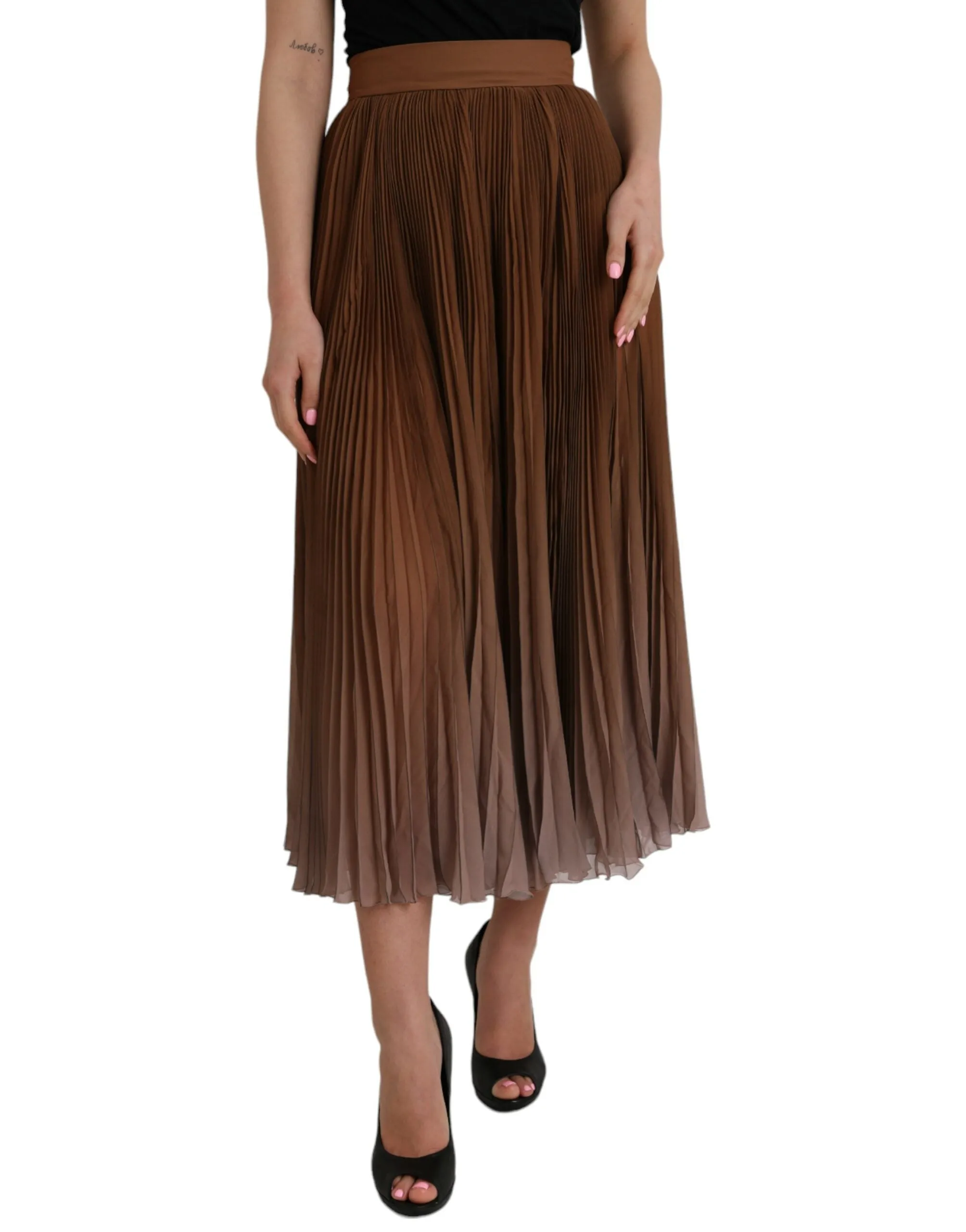 Brown Polyester Pleated High Waist Midi Skirt sold by Louxly product image thumbnail 2