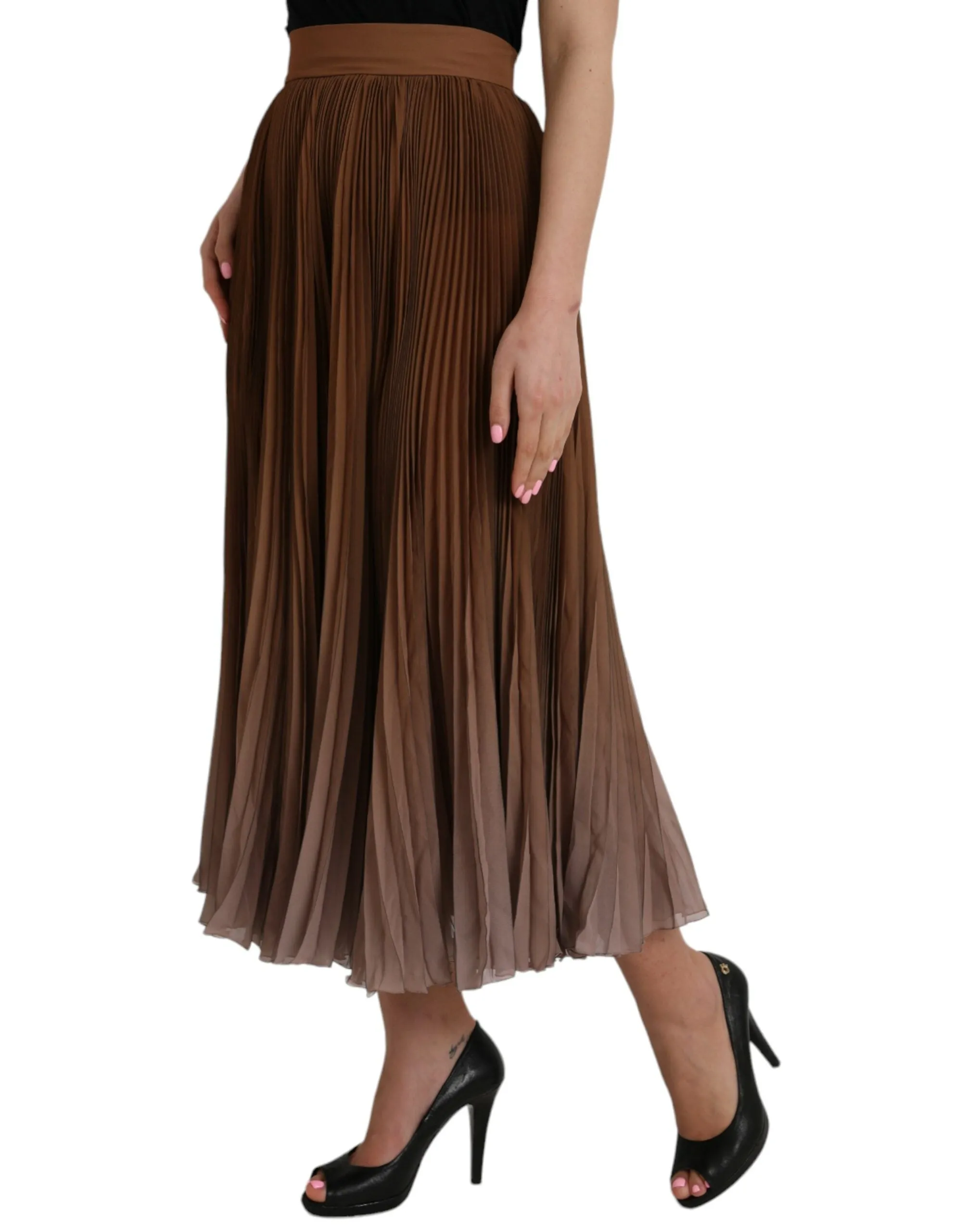 Brown Polyester Pleated High Waist Midi Skirt sold by Louxly product image thumbnail 3