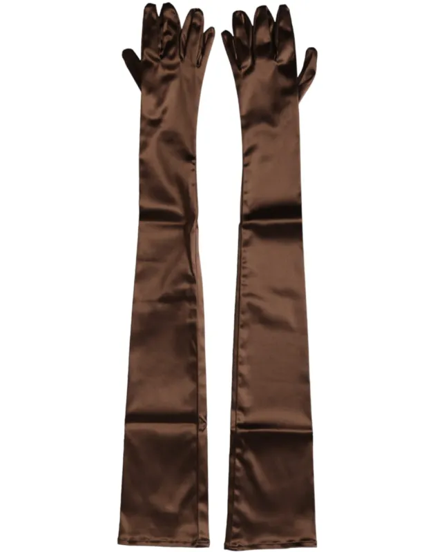 Brown Acetate Satin Elbow Length Gloves sold by Louxly