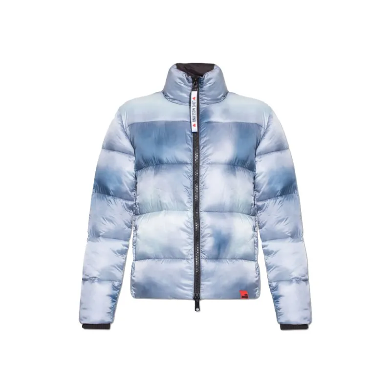 Chic Light Blue Down Jacket with Logo Patch made by Love Moschino