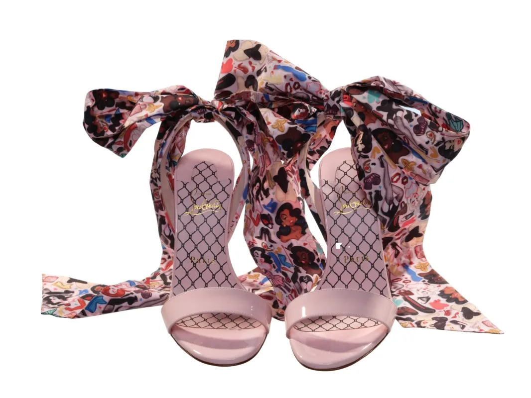 Fetish Du Desert Pink Patent Leather with Printed Ankle Wrap High Heel Sandals made by Christian Louboutin