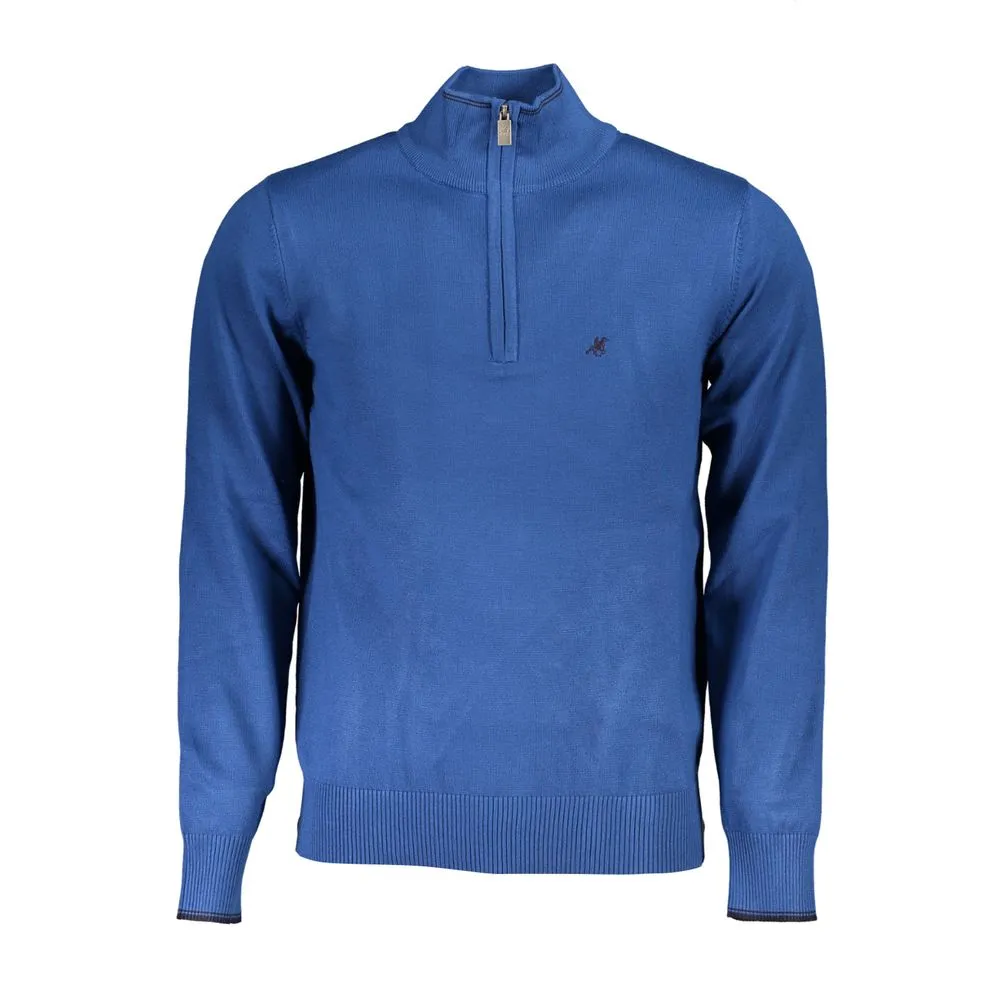 Elegant Half-Zip Blue Sweater with Embroidery Detail sold by Louxly