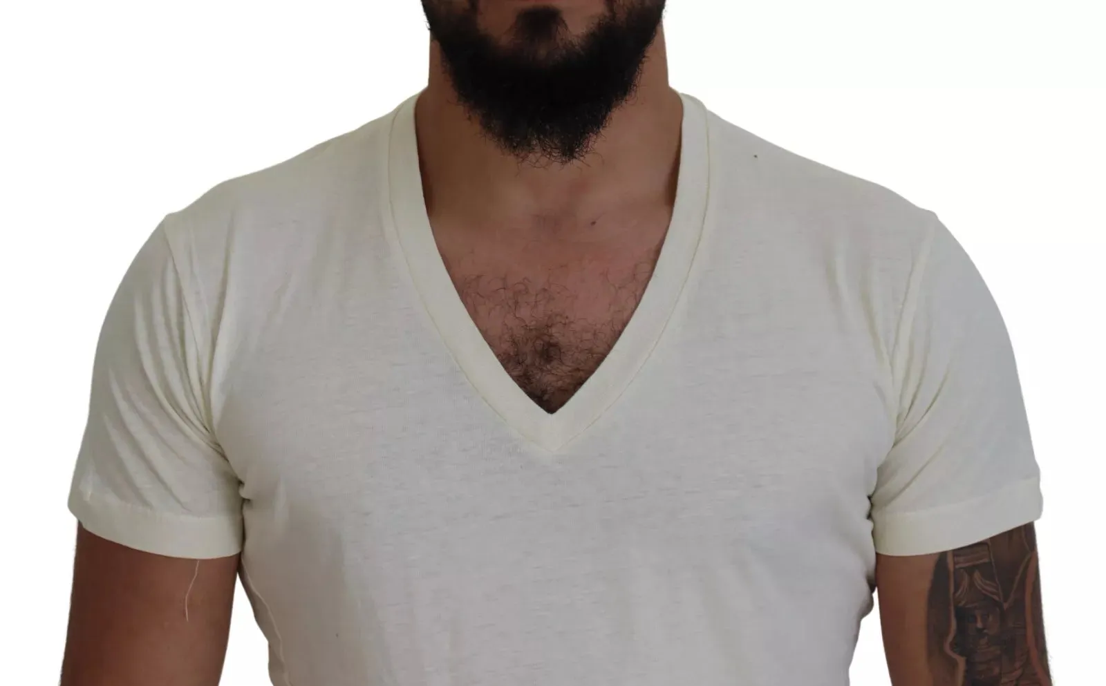 Off White Cotton Short Sleeves V-neck T-shirt sold by Louxly product image thumbnail 4