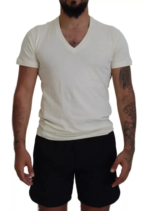Off White Cotton Short Sleeves V-neck T-shirt sold by Louxly
