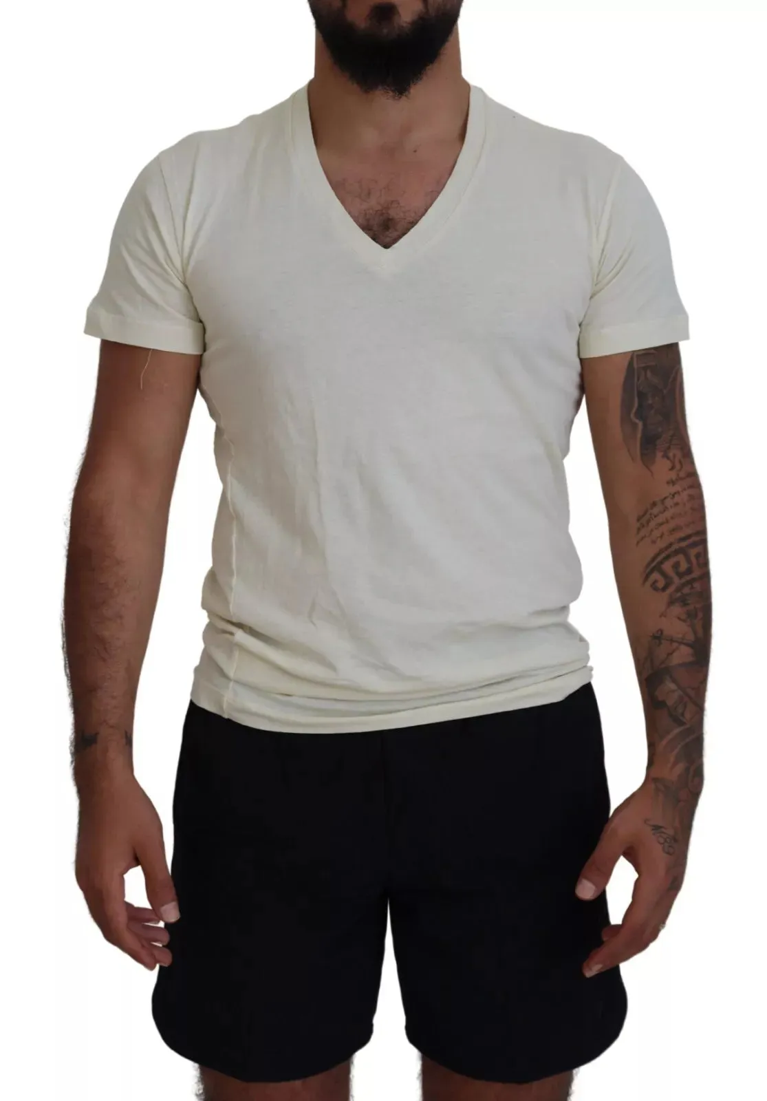Off White Cotton Short Sleeves V-neck T-shirt sold by Louxly