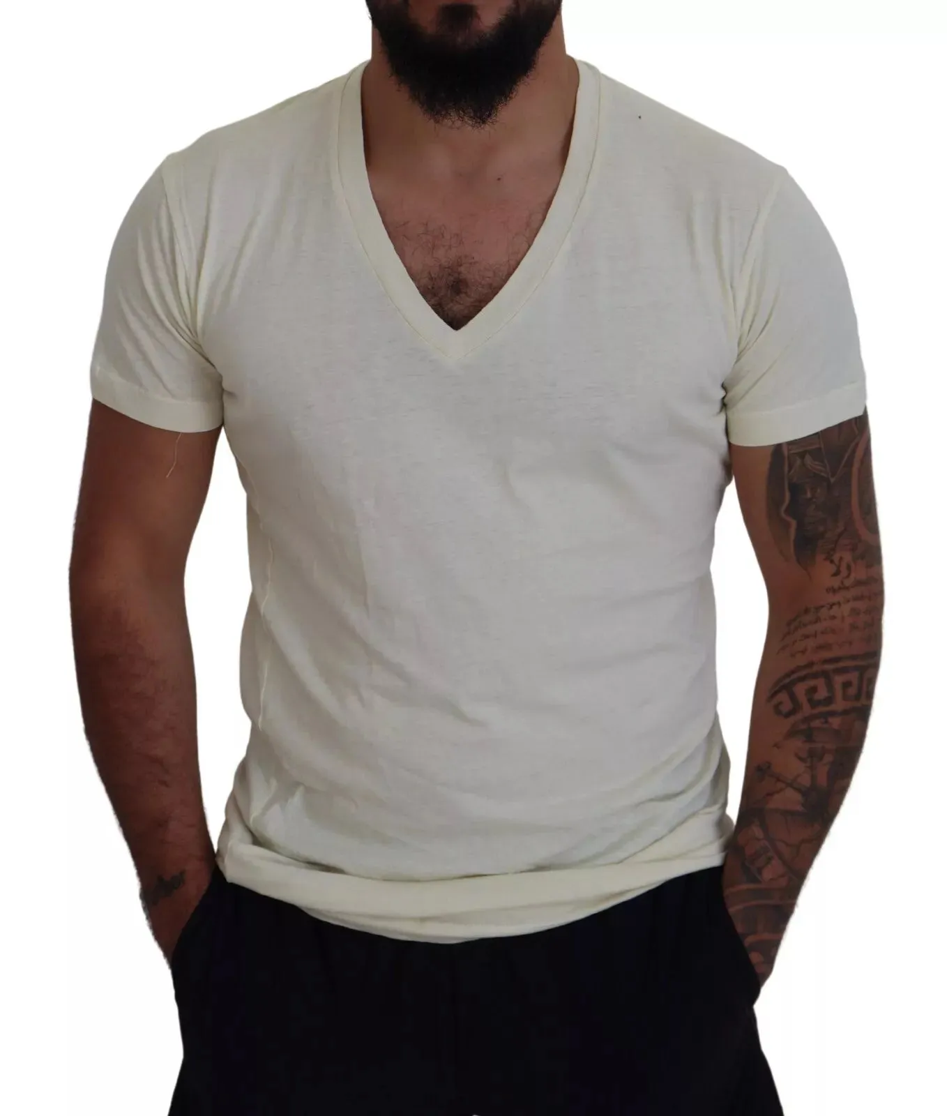 Off White Cotton Short Sleeves V-neck T-shirt sold by Louxly product image thumbnail 5
