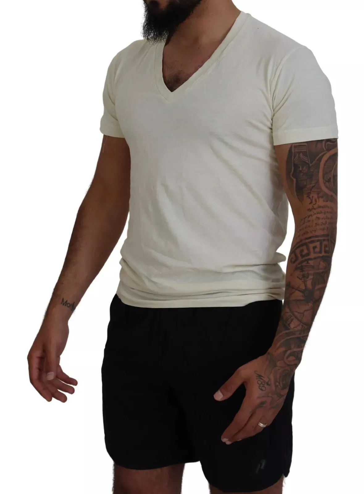 Off White Cotton Short Sleeves V-neck T-shirt sold by Louxly product image thumbnail 2