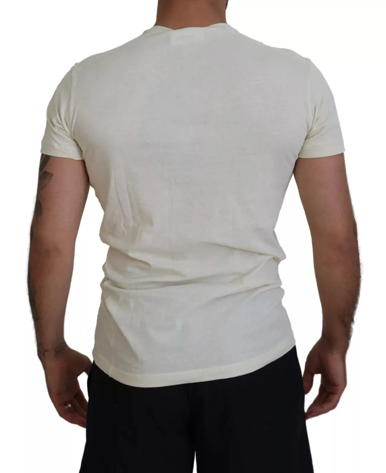 Off White Cotton Short Sleeves V-neck T-shirt sold by Louxly product image thumbnail 3