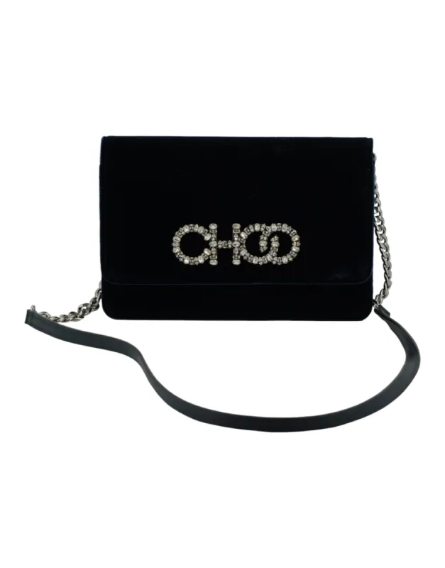Navy Blue Leather And Satin Shoulder Bag made by Jimmy Choo