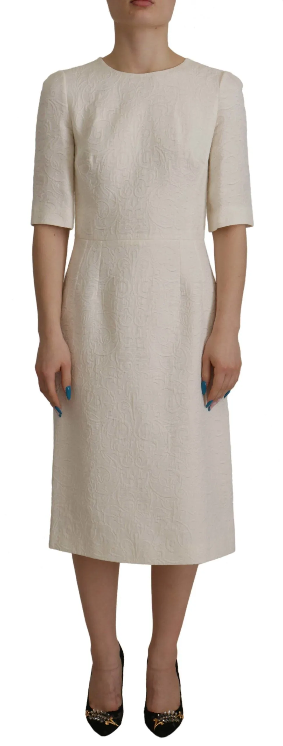 Exquisite Jacquard Midi Dress in White sold by Louxly