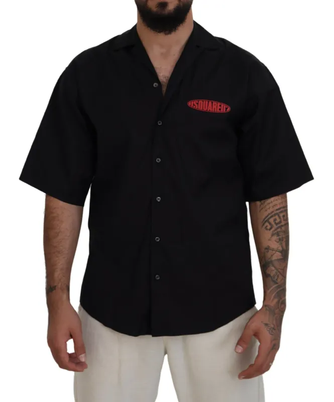 Black Cotton Collared Logo Print Short Sleeve Shirt sold by Louxly