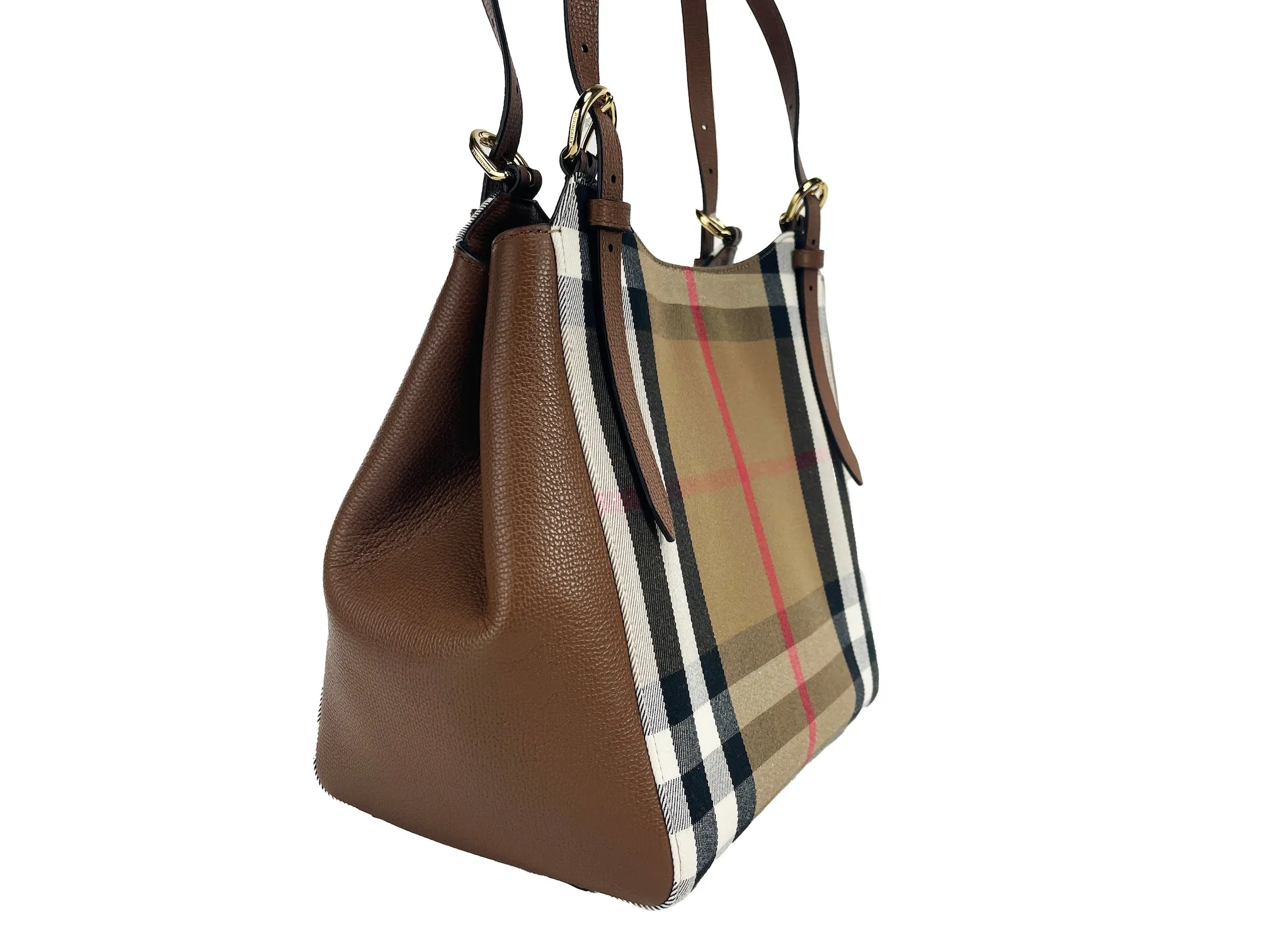 Small Canterby Tan Leather Check Canvas Tote Bag Purse sold by Louxly product image thumbnail 5