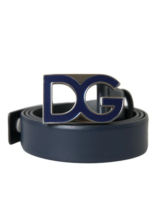 Blue Leather Metal Logo Buckle Belt Men sold by Louxly