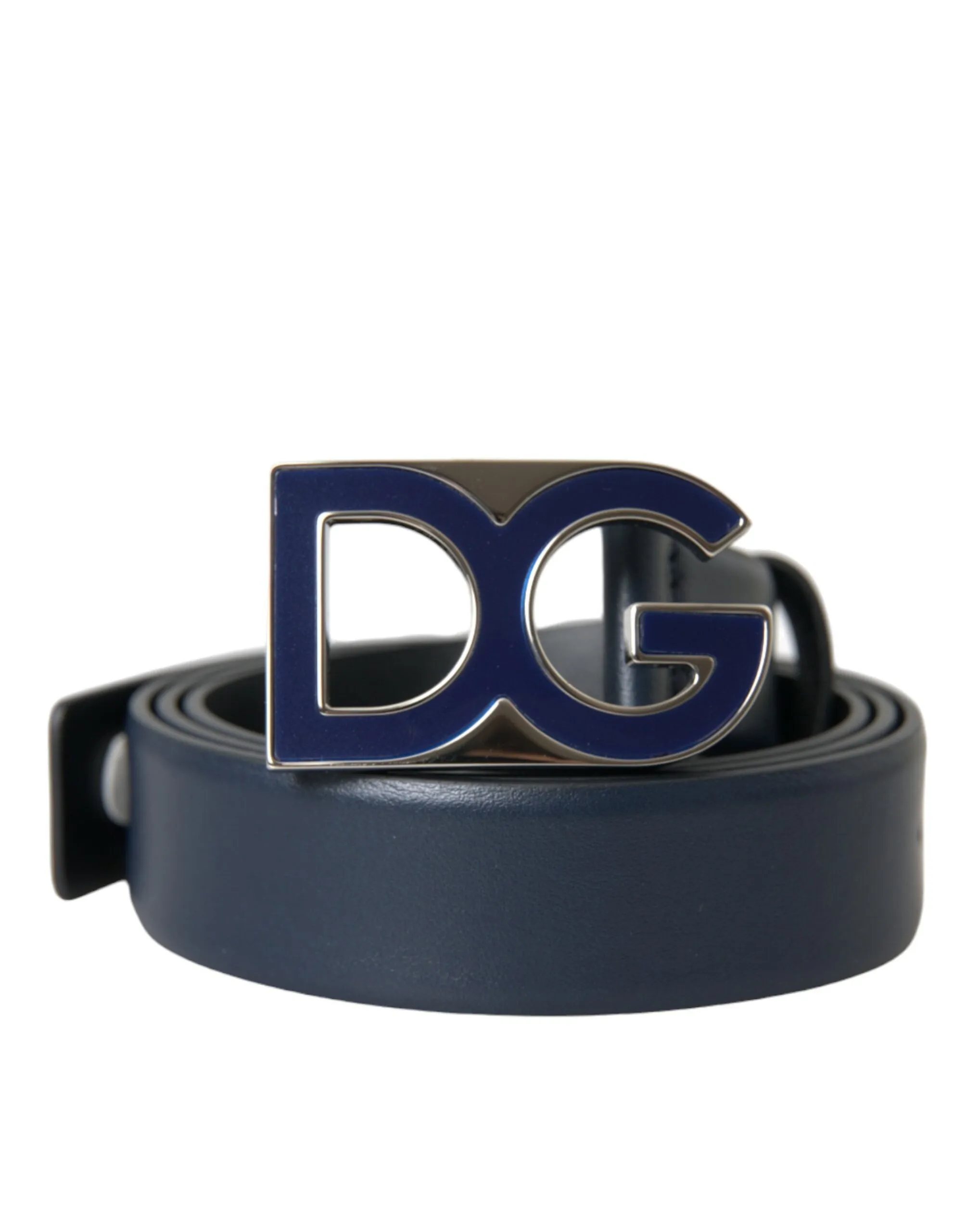 Blue Leather Metal Logo Buckle Belt Men sold by Louxly