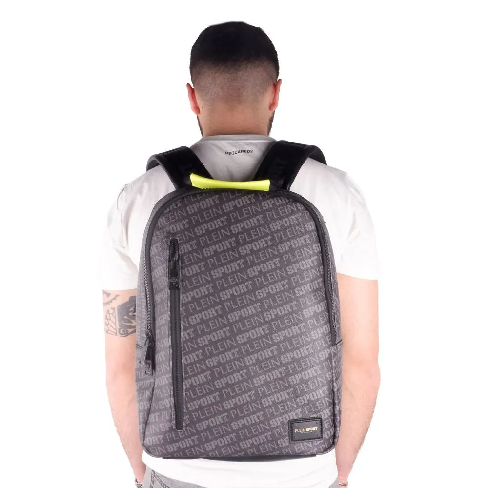 Sleek Black Eco-Leather Backpack with Logo Print sold by Louxly