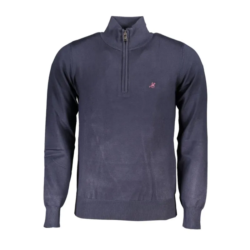 Elegant Half-Zip Blue Sweater with Embroidered Logo sold by Louxly