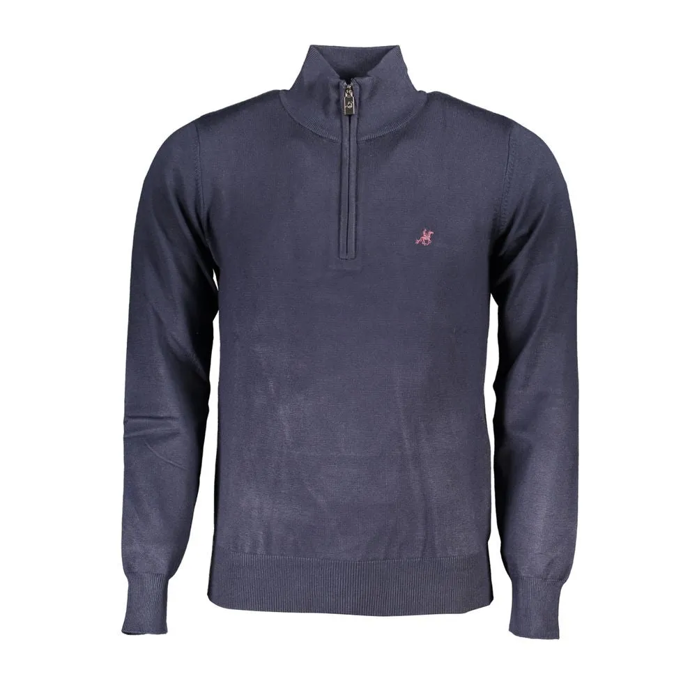 Elegant Half-Zip Blue Sweater with Embroidered Logo sold by Louxly