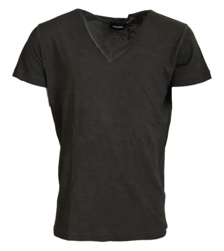 Gray Cotton Linen Short Sleeves V-neck T-shirt sold by Louxly